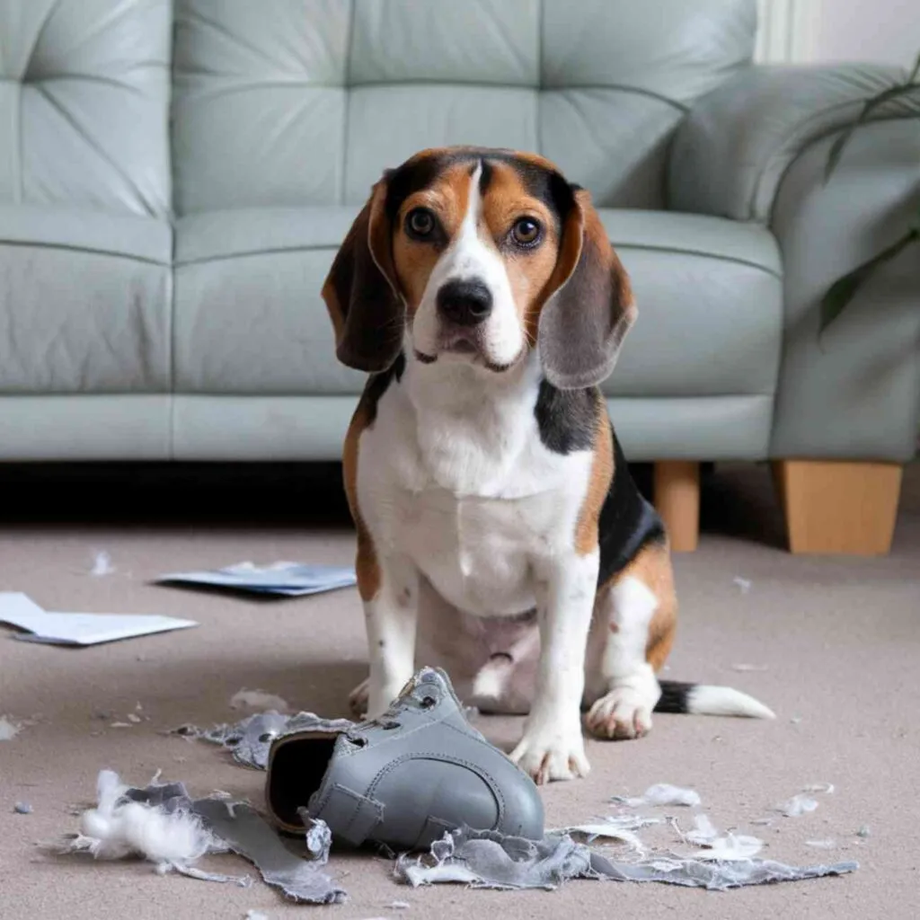 Beagle assis au milieu d’un salon, entouré de morceaux de papier et d’une chaussure détruite, illustrant un comportement destructeur en l’absence de son maître.