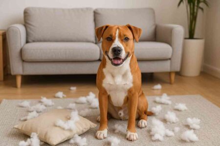 Chien destructeur assis dans un salon, entouré de rembourrage de coussin qu’il a déchiré, illustrant un comportement lié à l’anxiété de séparation.