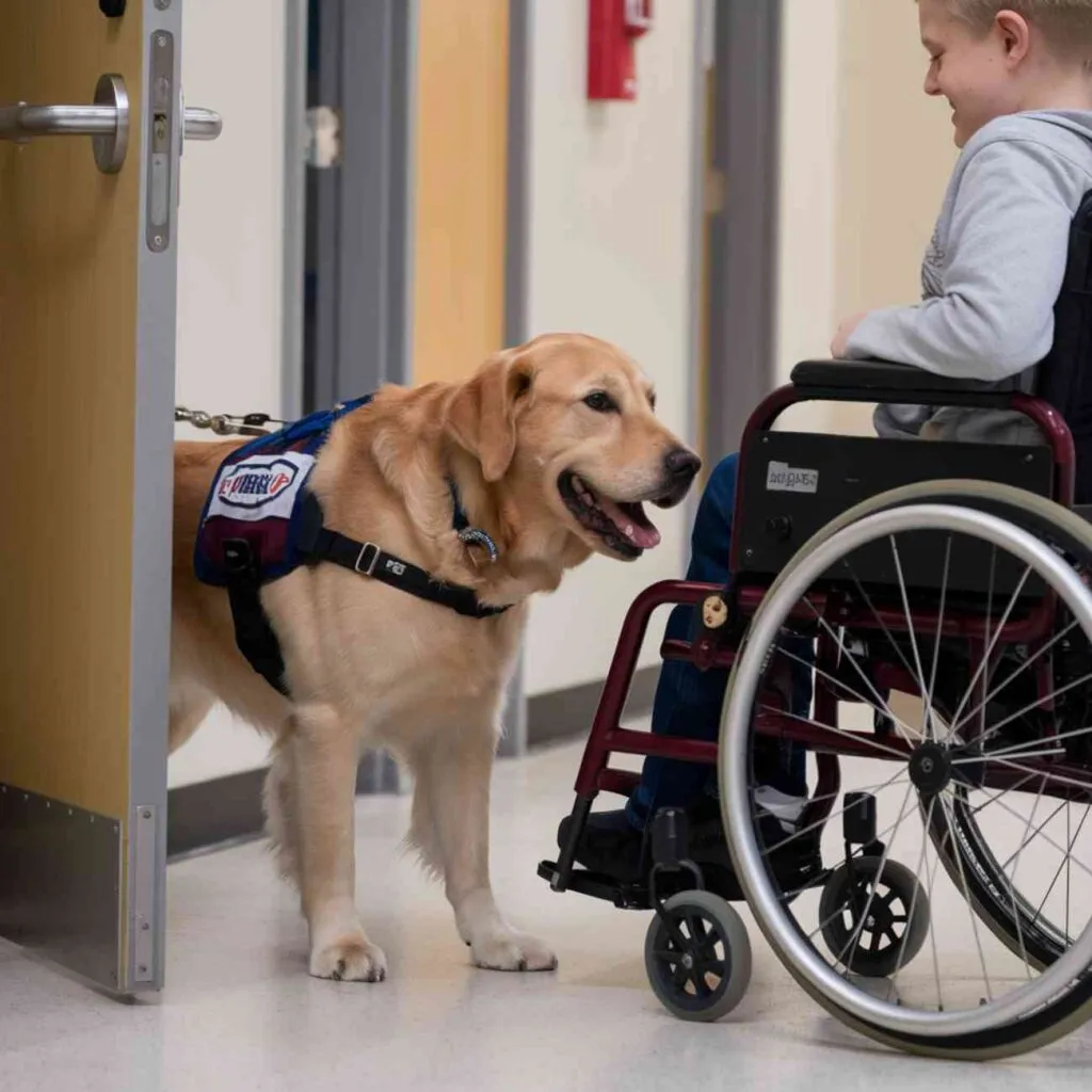 Chien d’assistance marchant à côté d’une personne en fauteuil roulant dans un couloir