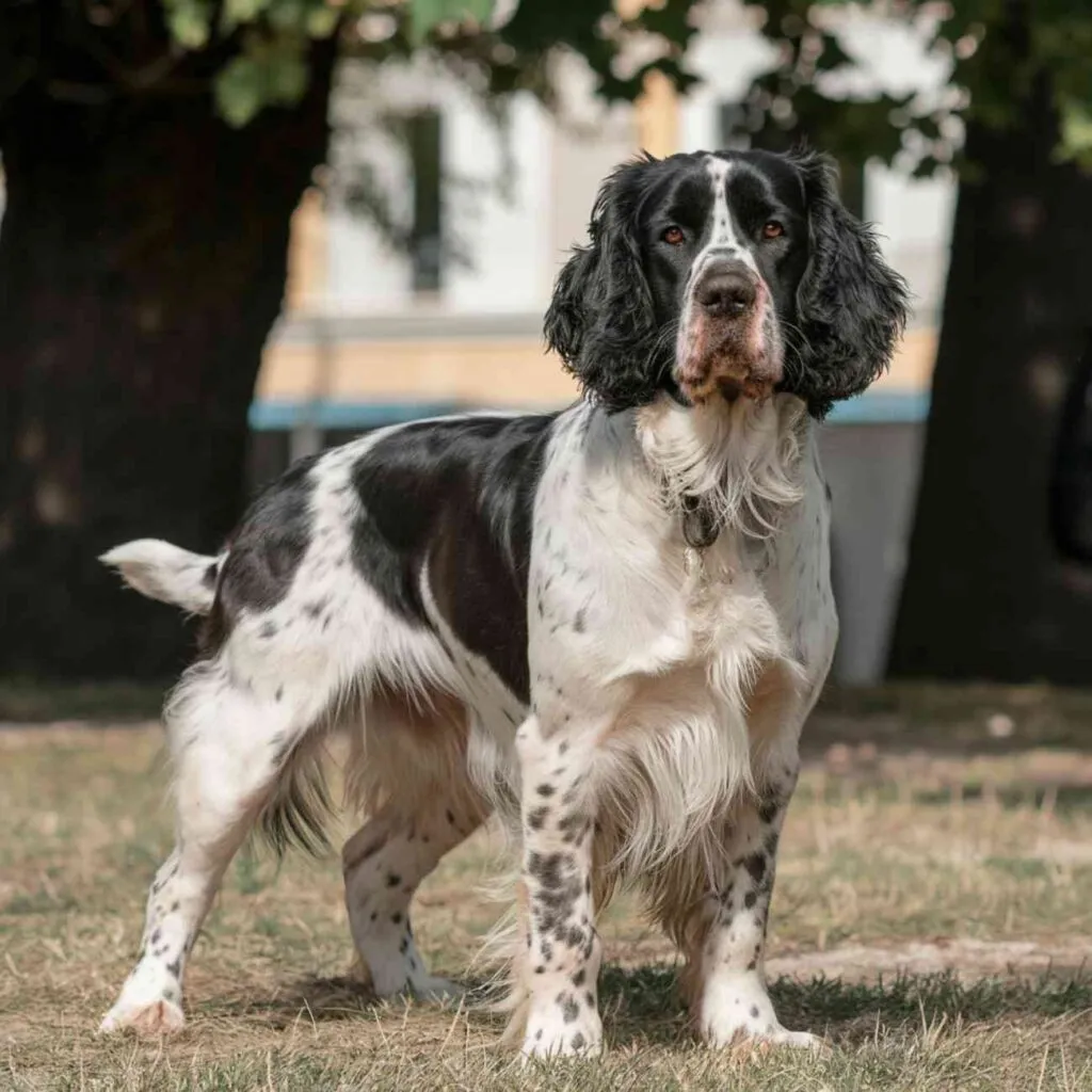 Chien de race épagneul picard debout sur l’herbe, regard attentif