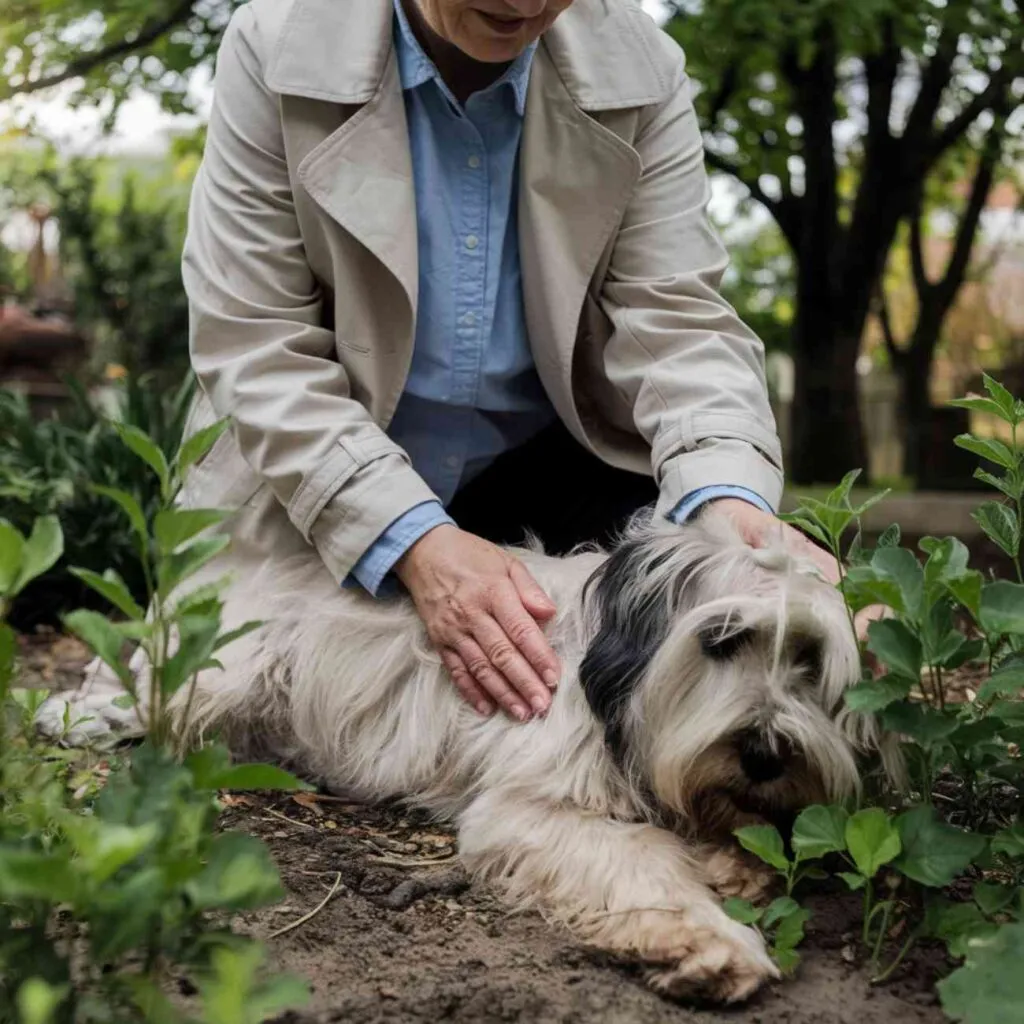 Une personne agée qui caresse un chien dans un environnement naturel