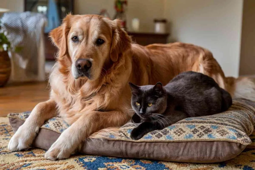 Chien et chat allongés côte à côte sur un tapis dans un intérieur calme
