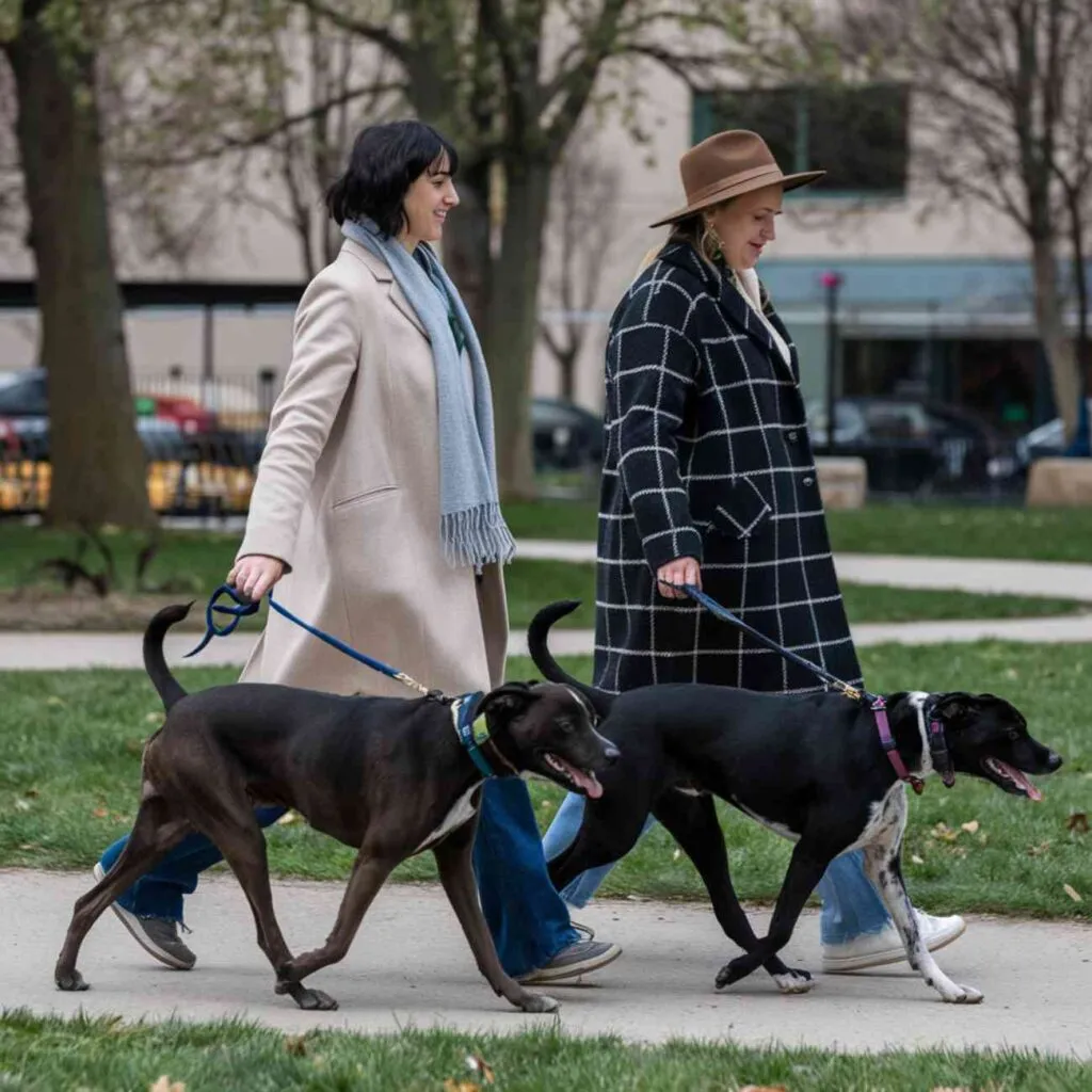 Deux personnes promenant leurs chiens dans un parc urbain