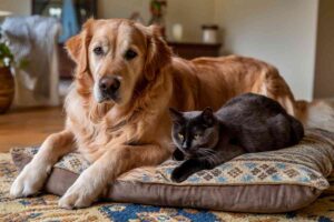 Chien et chat allongés côte à côte sur un tapis dans un intérieur calme