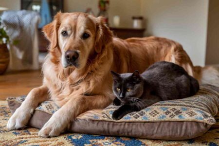 Chien et chat allongés côte à côte sur un tapis dans un intérieur calme