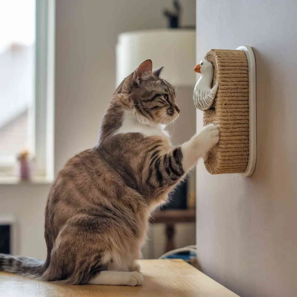 Pour empêcher son chat de griffer vos meubles, offrez-lui un griffoir adapté comme celui-ci, en forme de mur avec un jouet interactif.