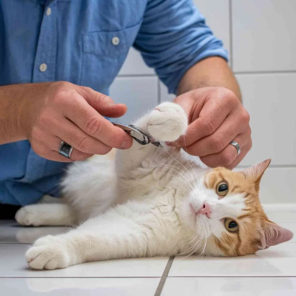 Un propriétaire coupe les griffes de son chat, une méthode pour prévenir les griffures de meubles.