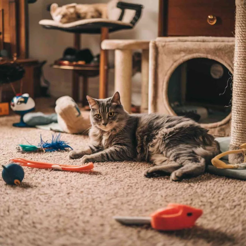 Chat jouant parmi des jouets et un griffoir, illustrant l'importance de l'enrichissement pour prévenir les comportements destructeurs comme le grattage des meubles.