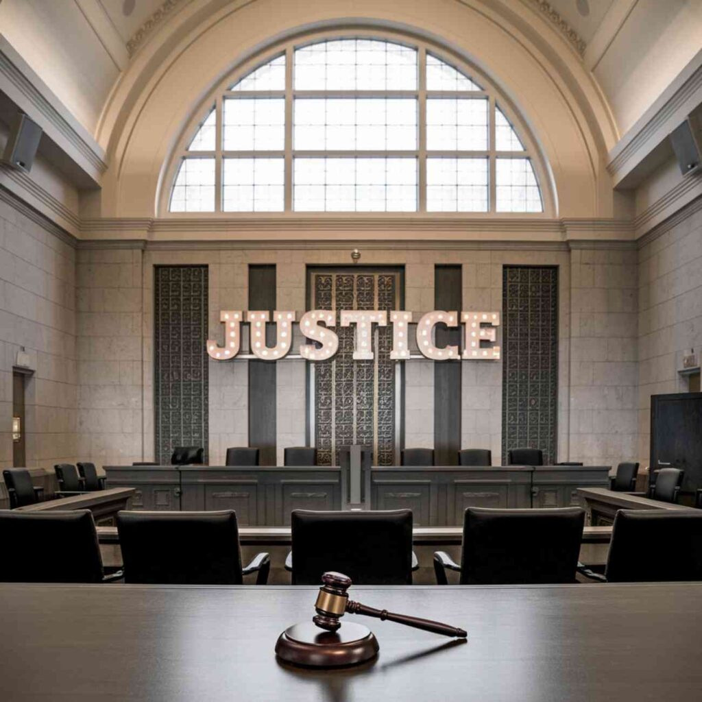 Salle de tribunal vide avec un maillet de juge et le mot JUSTICE en lettres lumineuses