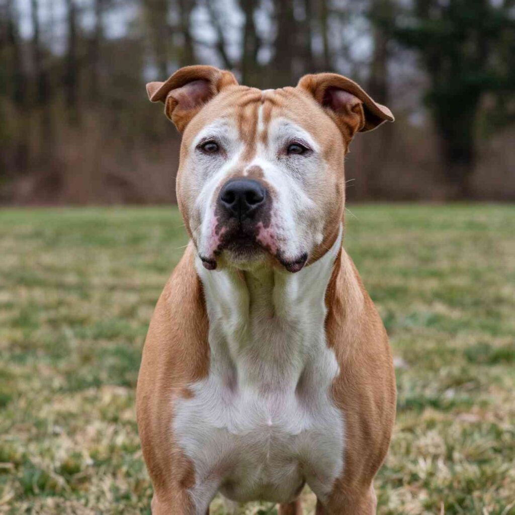 Chien American Staffordshire debout dans un champ, regard sérieux