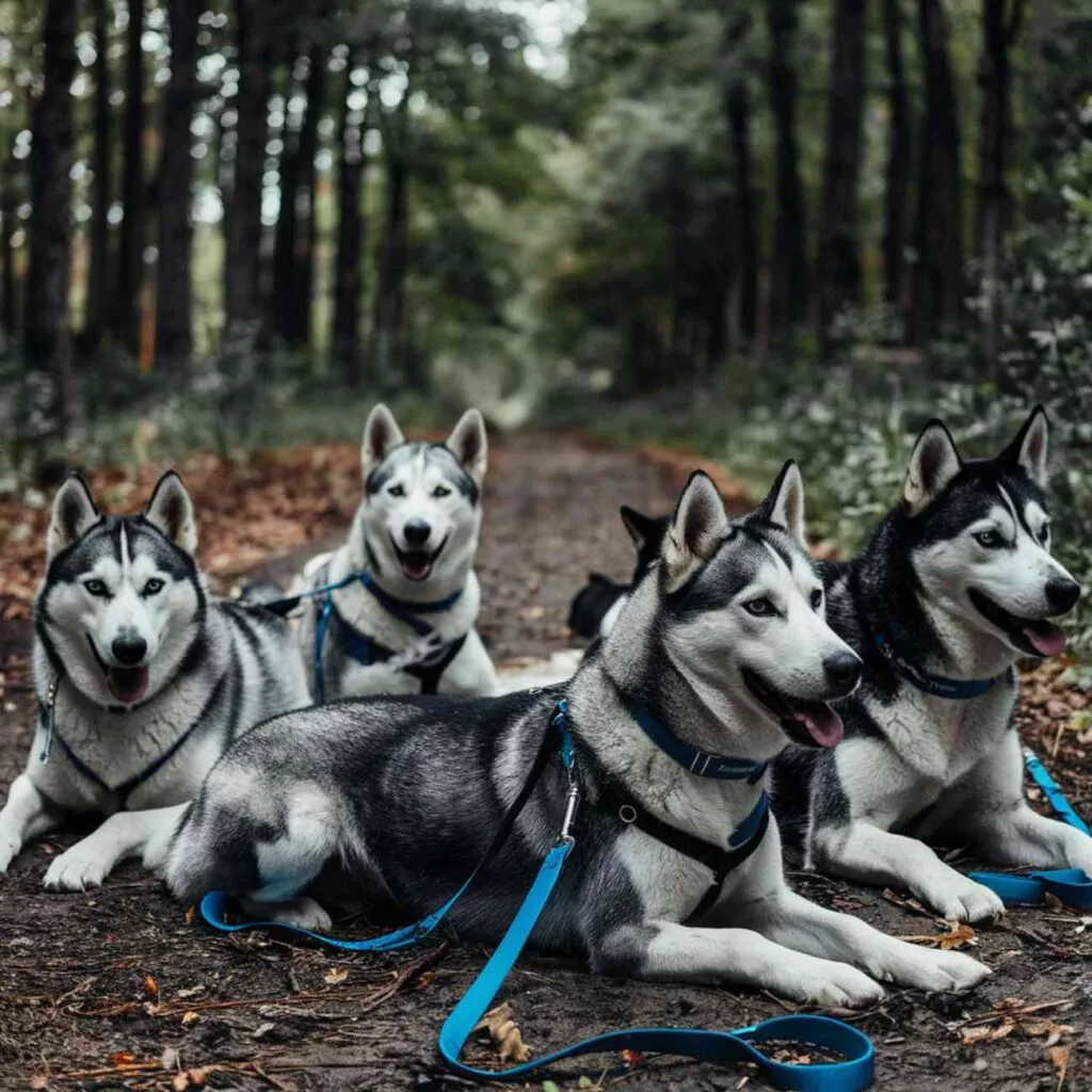 Huskies allongés sur un sentier forestier après une sortie en cani-kart