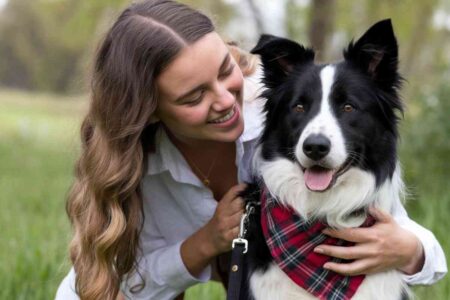 Une femme sourit en tenant un border collie, illustration générale d’un lien affectif entre humain et chien
