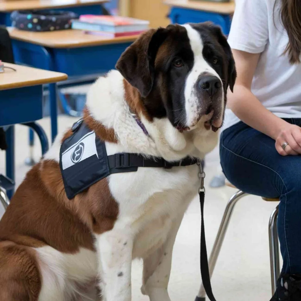 Chien d’assistance de grande taille assis en classe auprès d’un élève, portant un harnais.