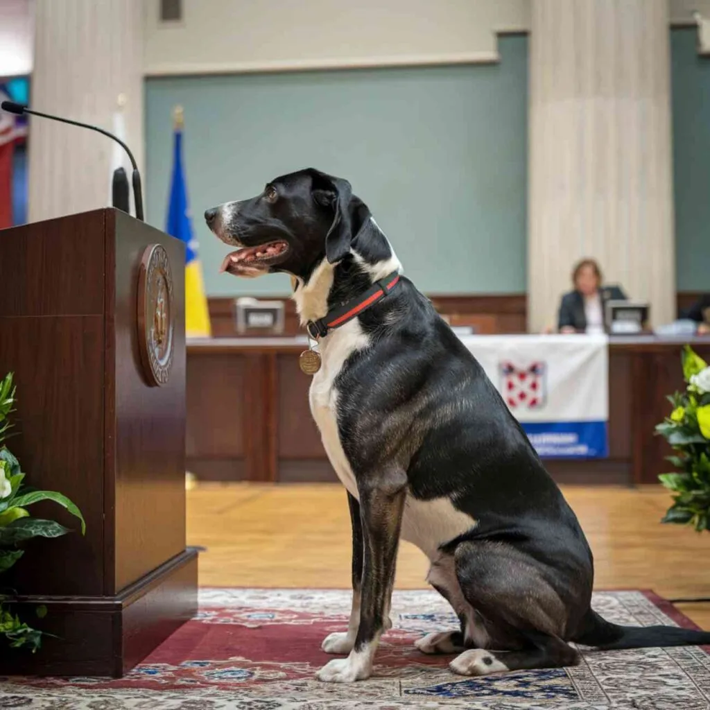 Chien dressé devant un pupitre, dans un cadre institutionnel ou officiel, illustrant une scène de cérémonie.