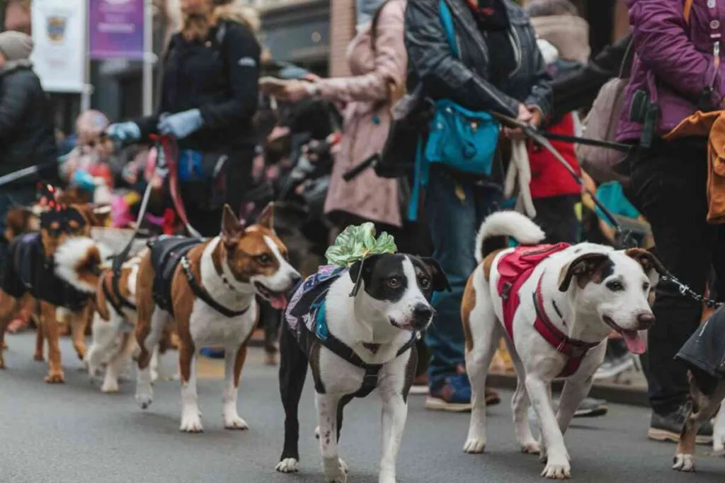 Chiens tenus en laisse participant à un événement public en extérieur