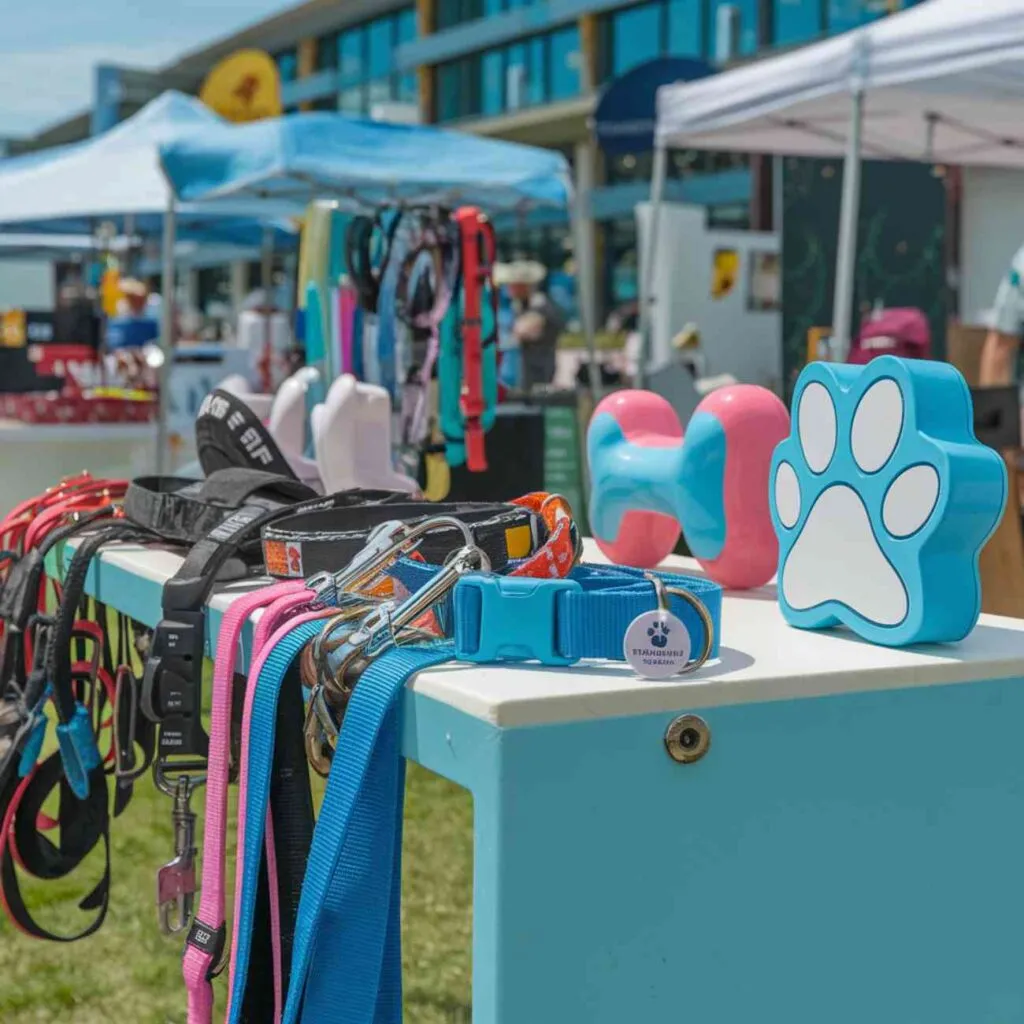 Stands colorés avec accessoires pour chiens dans un salon en extérieur