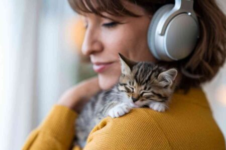 Femme détendue avec un casque sur les oreilles et un chat blotti contre son cou, illustrant le rôle apaisant des animaux dans la gestion du stress et des émotions.