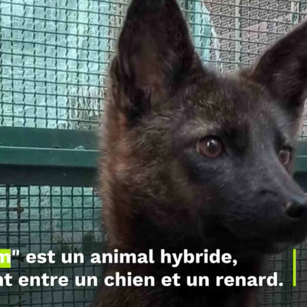 Portrait du dogxim, animal hybride entre un chien et une renarde de la pampa, photographié en cage au Brésil.