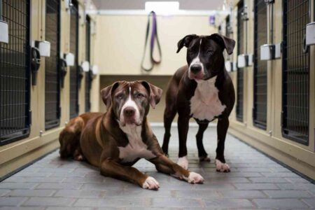 Chiens dans un refuge animalier attendant une adoption