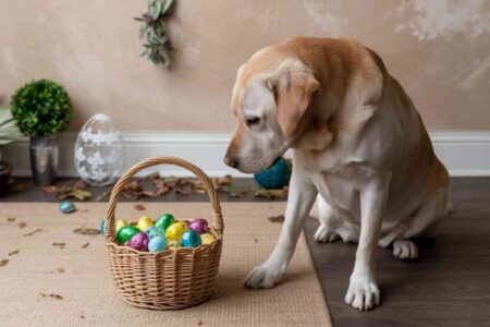Chien s'approchant d’un panier rempli d’œufs en chocolat, symbole du danger de Pâques pour les animaux