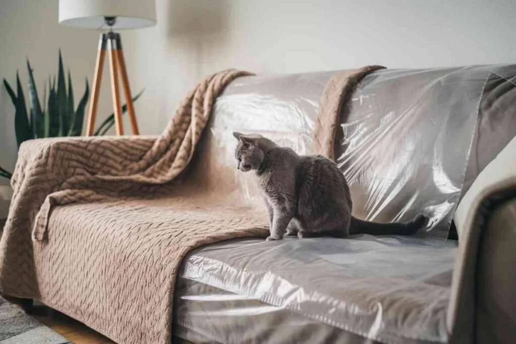 Chat avec une couverture de protection sur le canapé
