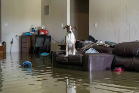 Chien et mobilier dans une maison inondée en Dordogne, scène illustrant les conséquences des intempéries sur les animaux domestiques