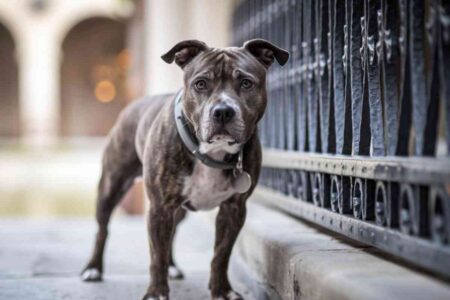 Chien American Staffordshire au regard triste debout près d’une grille noire