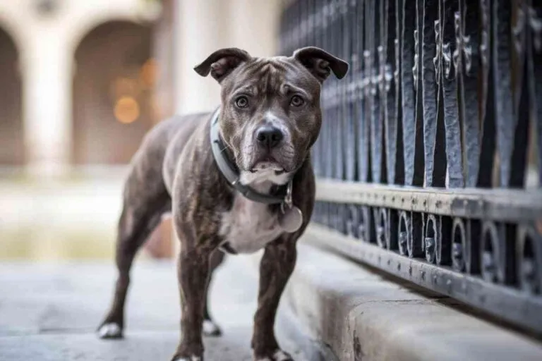 Chien American Staffordshire au regard triste debout près d’une grille noire