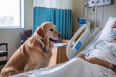 Chien de thérapie assis près d’un patient dans une chambre d’hôpital.