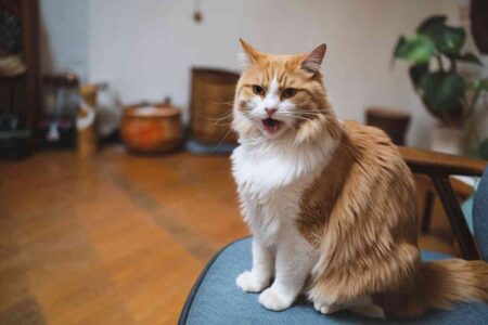 Chat roux et blanc miaulant dans un salon, en position d’alerte