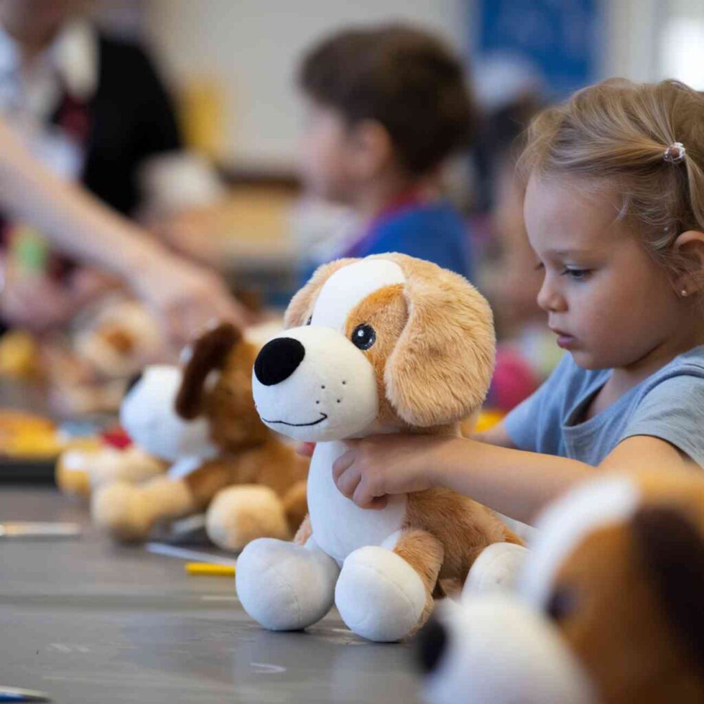 Enfants participant à un atelier ludique sur le comportement canin, manipulant des peluches de chien