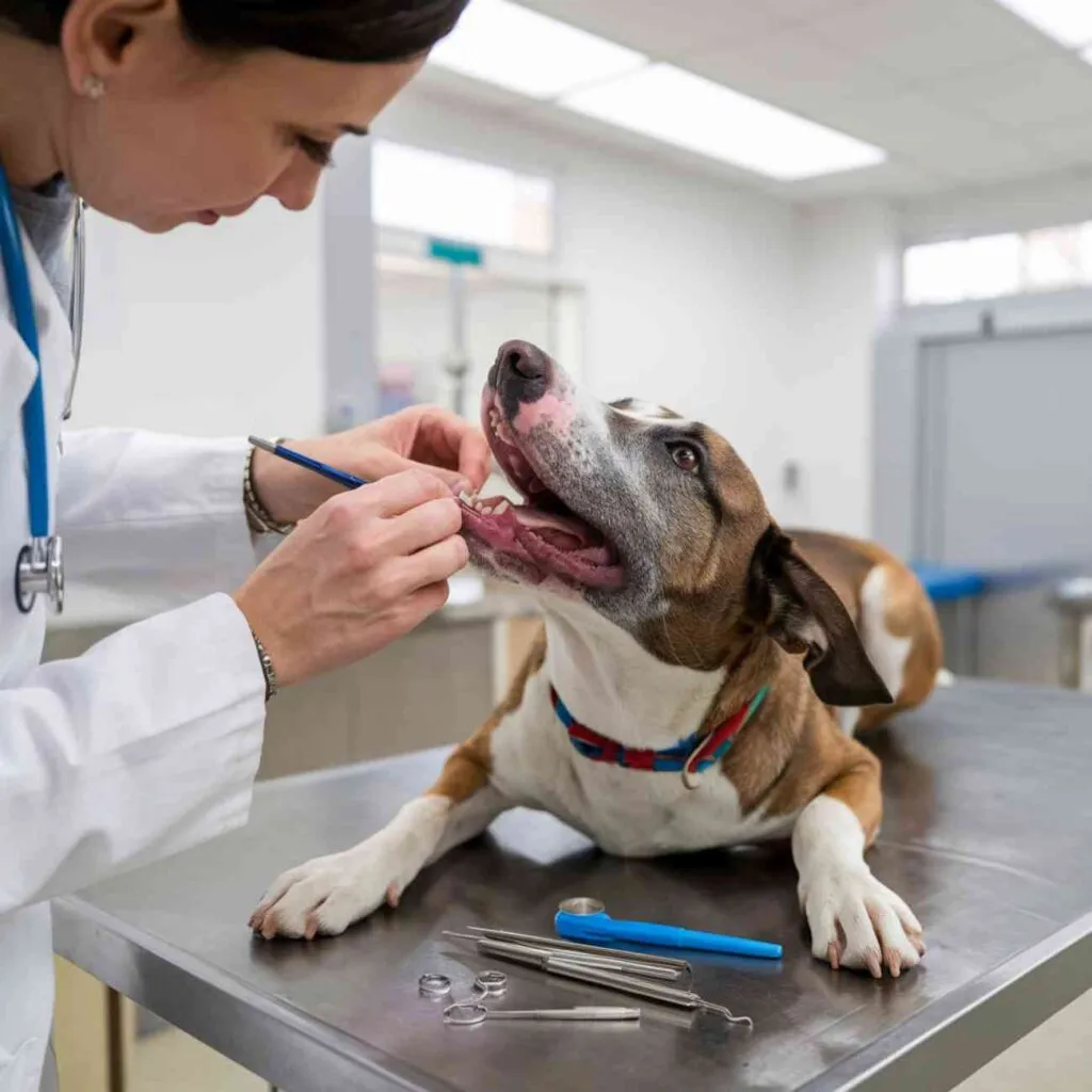 Un vétérinaire examine un chien sur une table d’examen dans une clinique