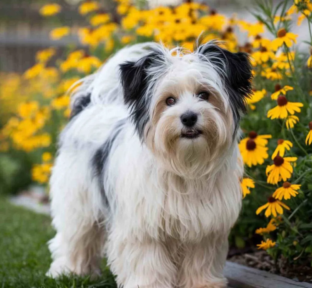 Chien au pelage long et blanc assis dans un jardin au printemps, entouré de fleurs jaunes – illustration des soins à apporter en avril.