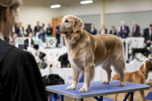 Chiot en exposition dans un salon canin, observé par des visiteurs dans un hall d’exposition.