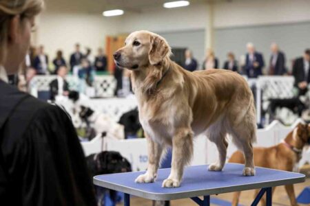 Chiot en exposition dans un salon canin, observé par des visiteurs dans un hall d’exposition.