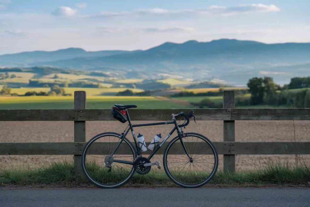 Cycliste sur une route de campagne avec un paysage vallonné en arrière-plan