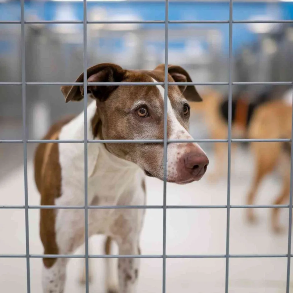 Chien derrière les barreaux d’un refuge