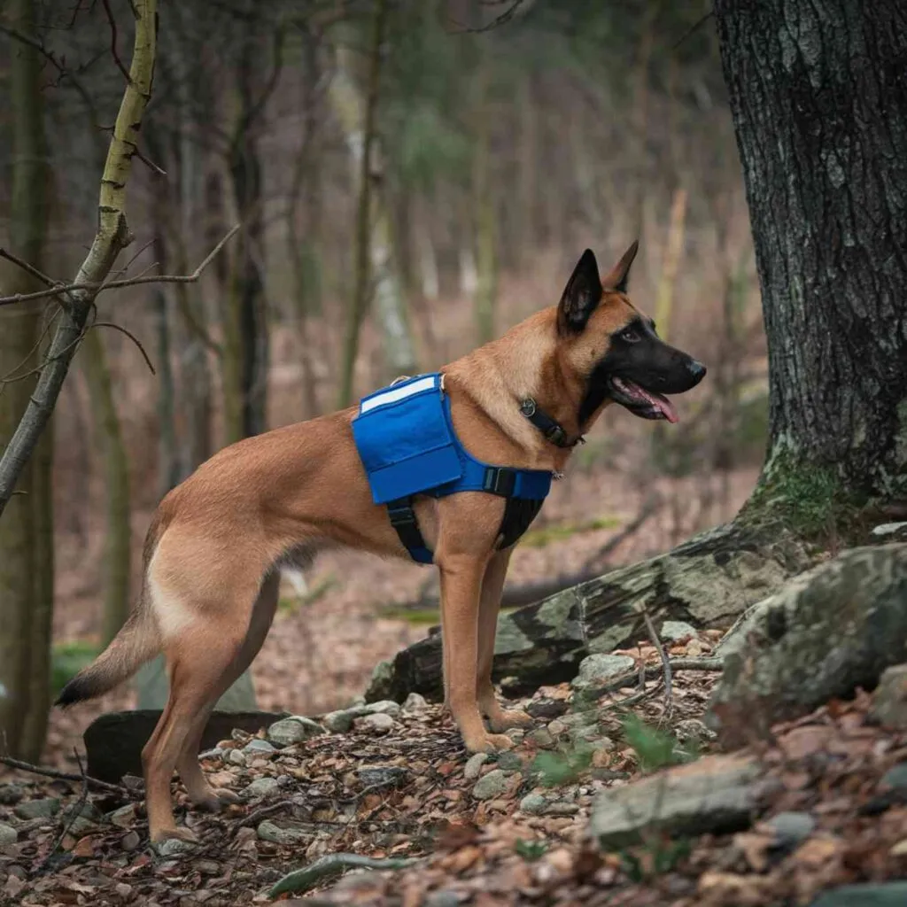 Chien de la gendarmerie en harnais progressant dans une forêt