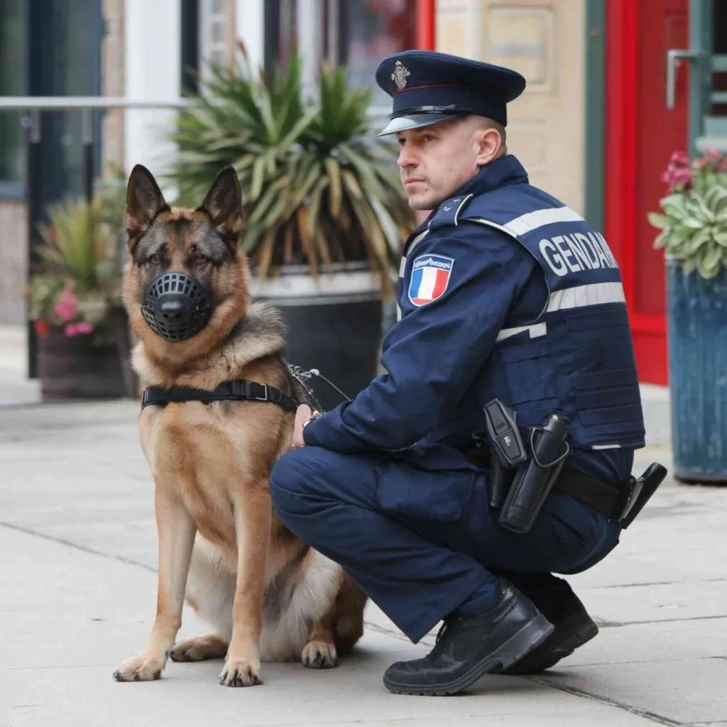 Un gendarme en uniforme assis à côté de son chien malinois en extérieur