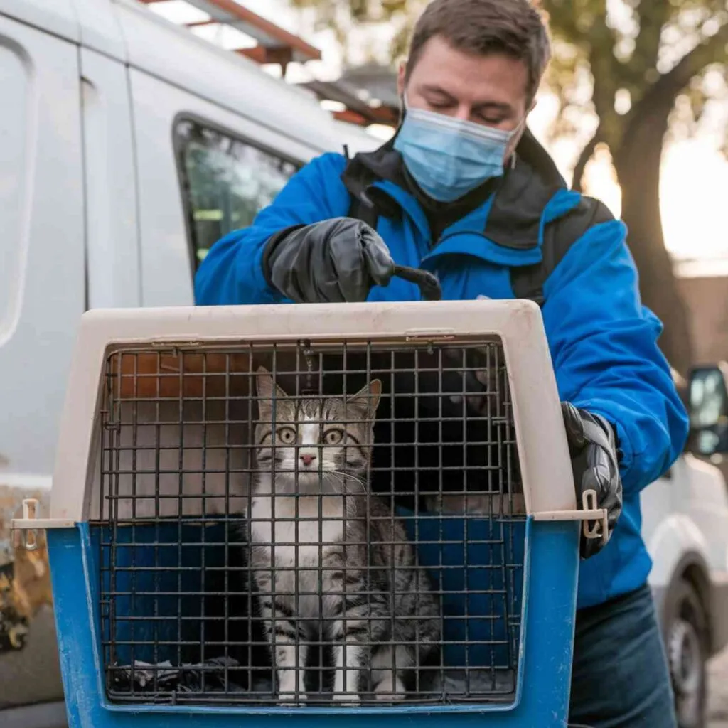 Agent tenant une cage avec un chat capturé pour stérilisation