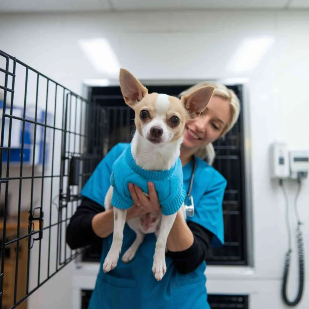Chat tenu dans les bras d’un professionnel en clinique vétérinaire