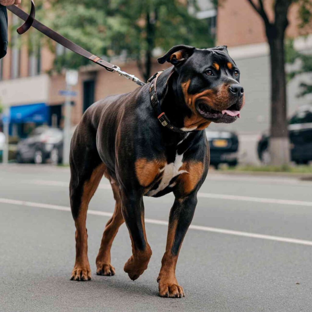 Rottweiler muselé tenu en laisse dans une rue urbaine – contrôle des chiens dangereux à Vannes