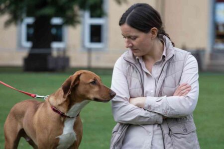 Femme debout en extérieur avec son chien assis face à elle, les bras croisés, regard inquiet, illustrant un moment de doute pendant une promenade.