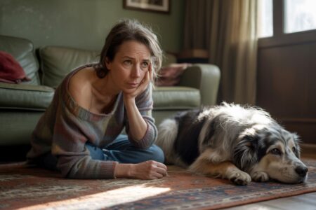Femme assise au sol près de son chien allongé, regard lointain et silence pesant dans un salon baigné de lumière.