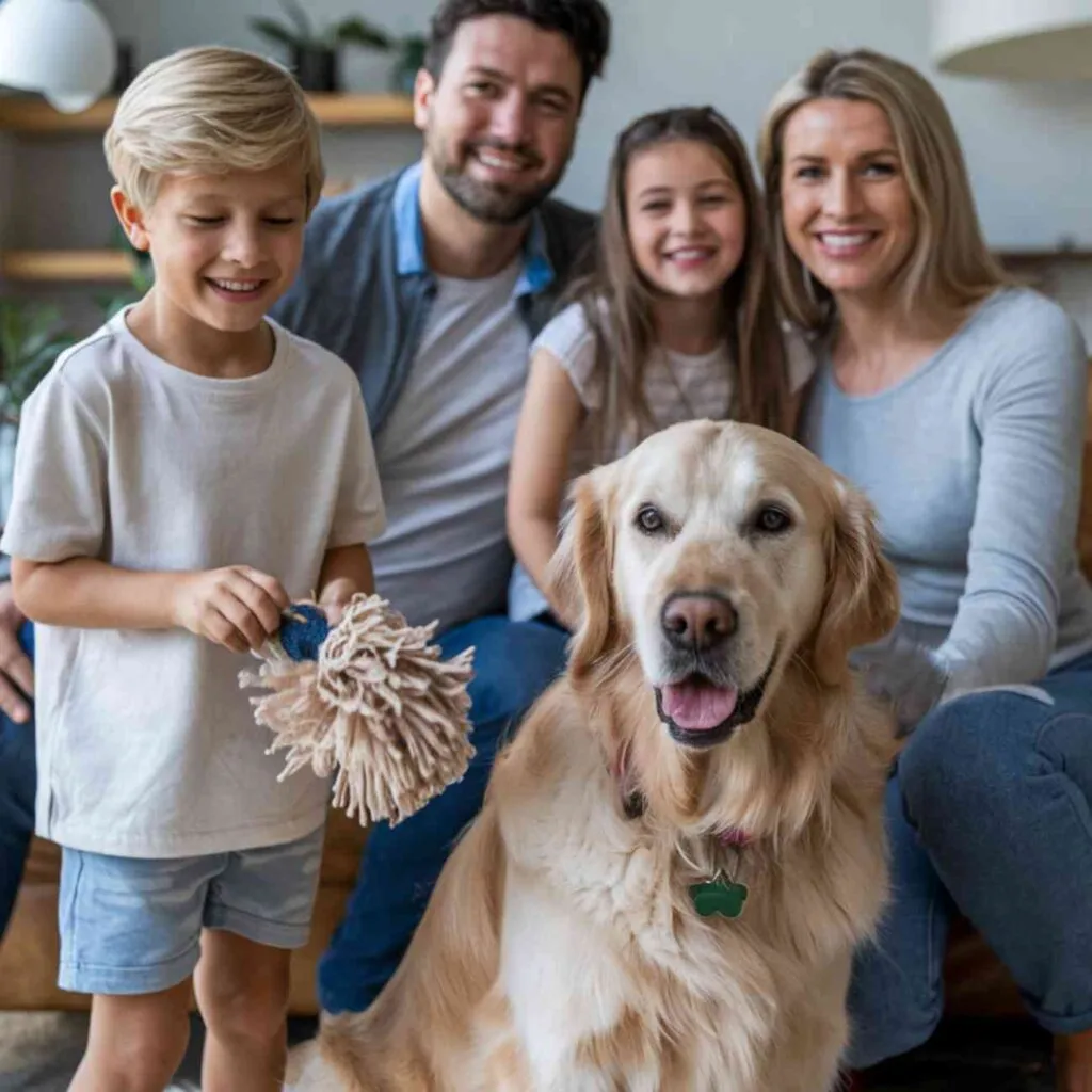 Famille souriante avec un chien golden retriever au premier plan, symbolisant l’attachement et la place du chien dans les foyers.