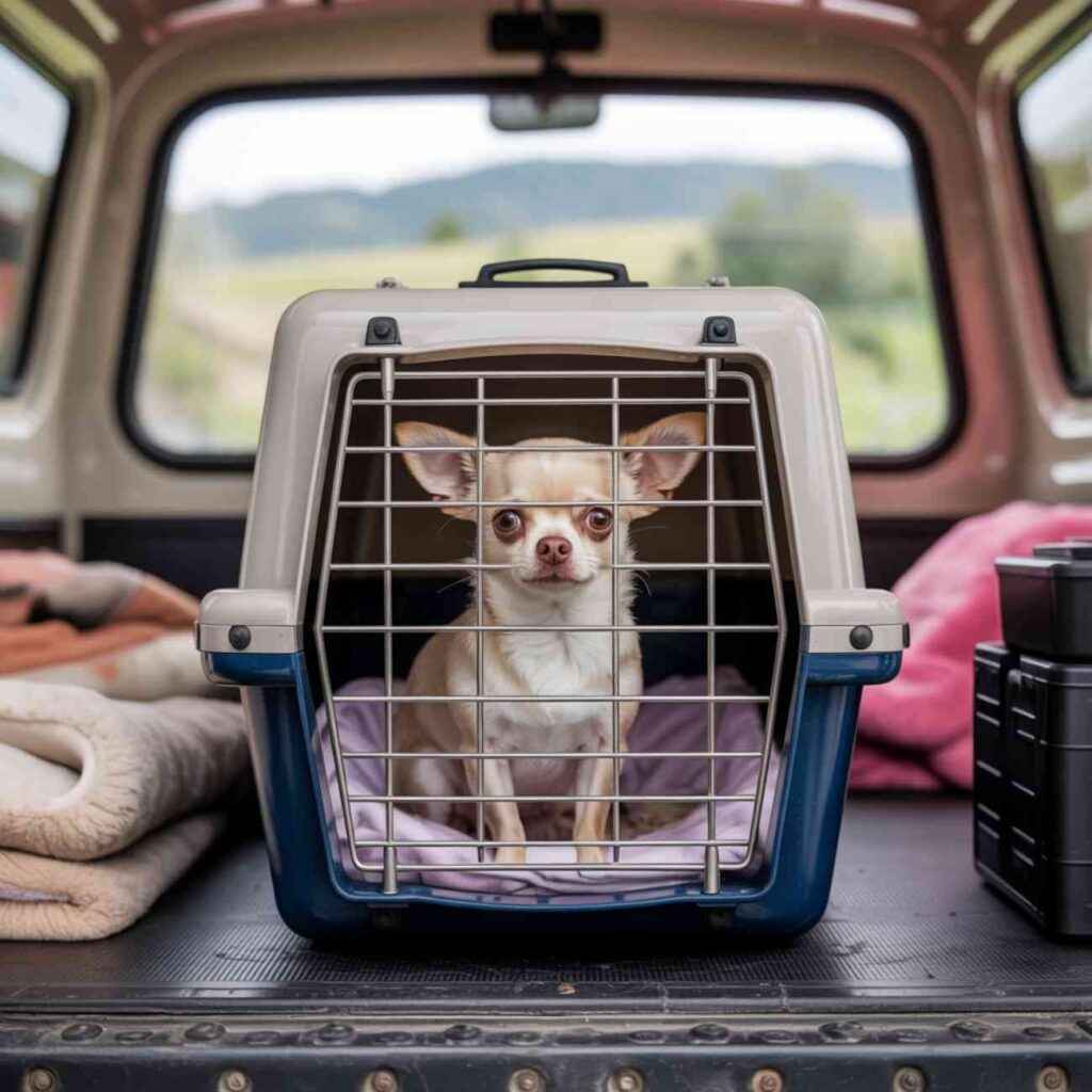 Petit chien chihuahua transporté en caisse de transport sécurisée à l’arrière d’un véhicule de taxi animalier