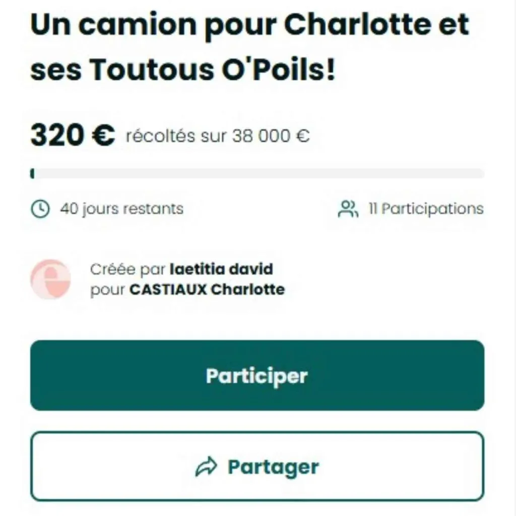 Capture d’écran de la cagnotte en ligne pour financer le camion de toilettage itinérant de Charlotte Castiaux
