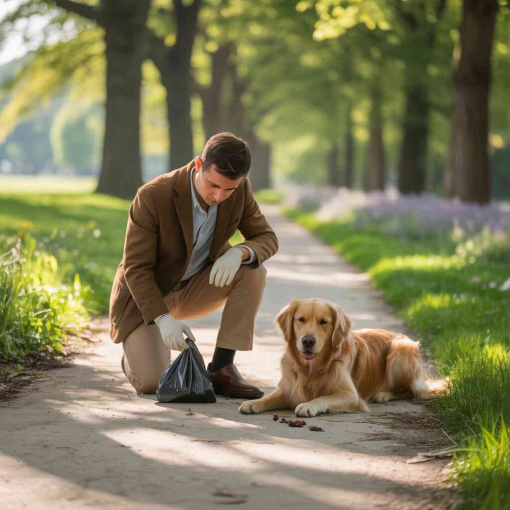 Un homme avec des gants ramasse les déjections de son chien sur une allée de parc arborée