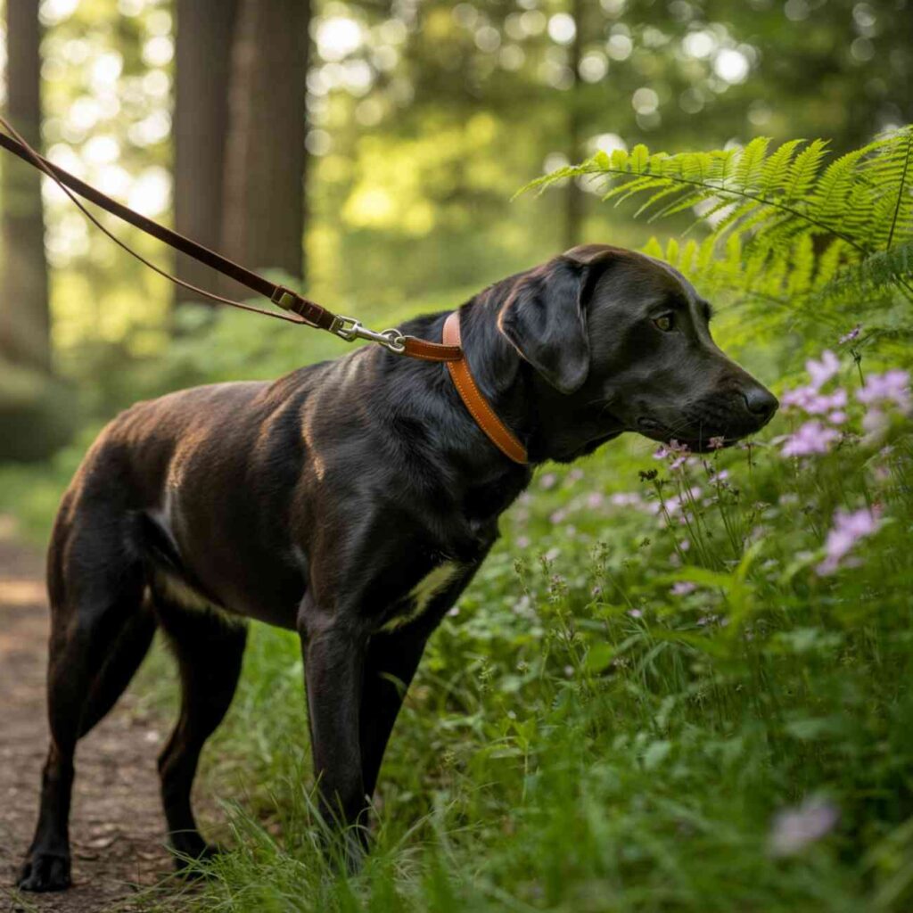 Chien noir en laisse, flairant des fleurs violettes en lisière de forêt au printemps