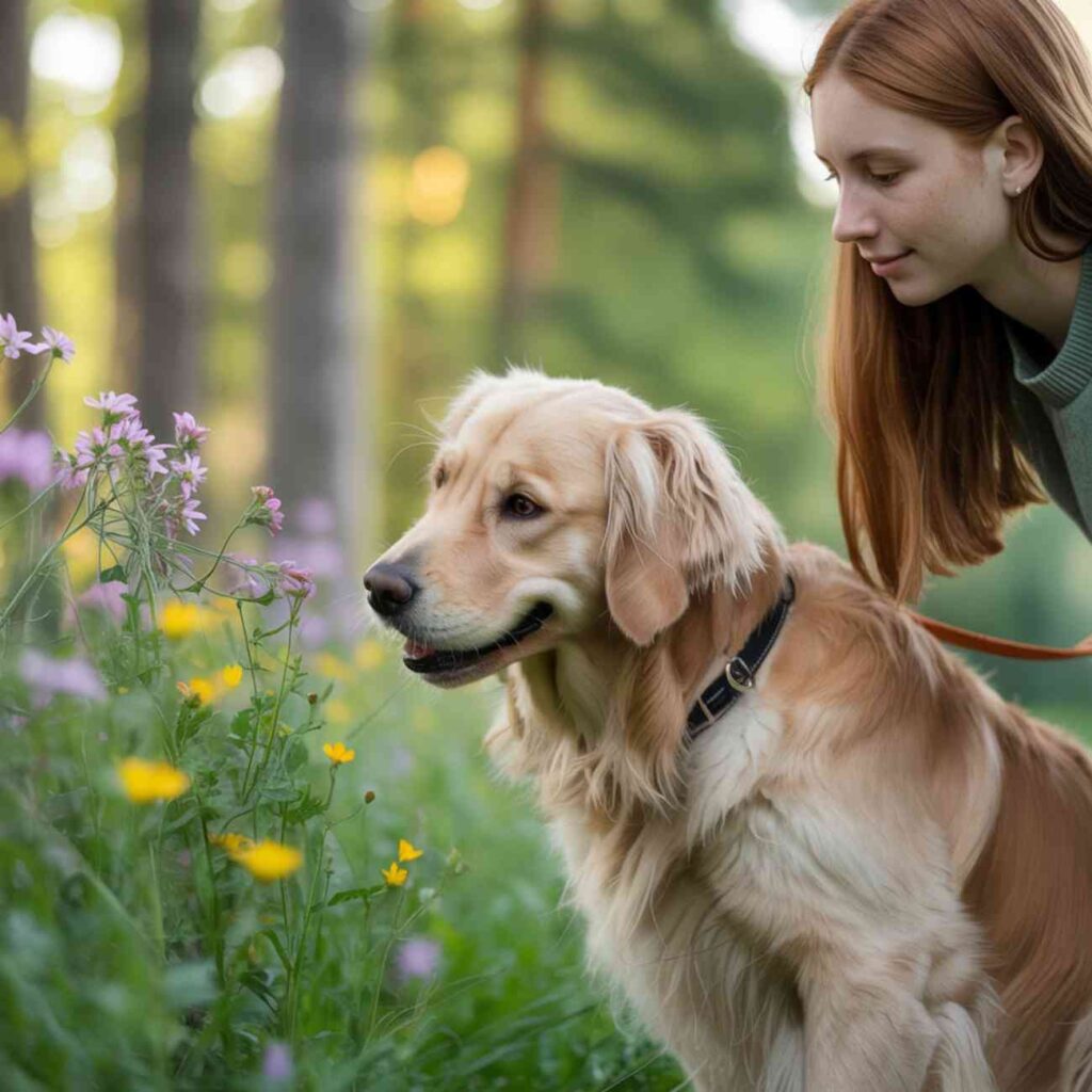 Femme observant calmement la nature aux côtés de son golden retriever tenu en laisse, parmi les fleurs sauvages